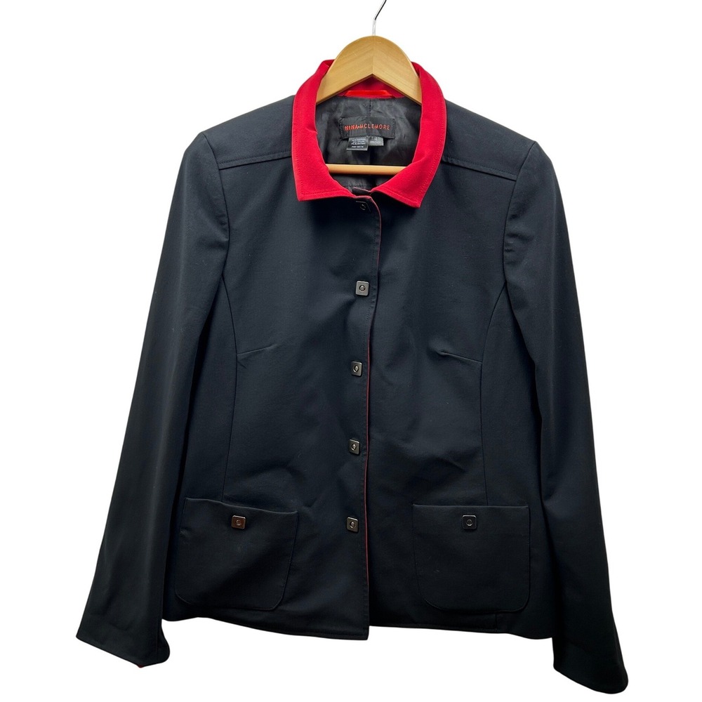 Nina McLemore‎ Jacket Womens 10 Black Red Trim Career Blazer Stretch Made in USA
